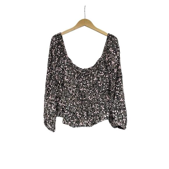 J. Crew Puff-Sleeve Drapey Crepe Top in Fall Garden Floral Black Pink Womens XL - Picture 2 of 10